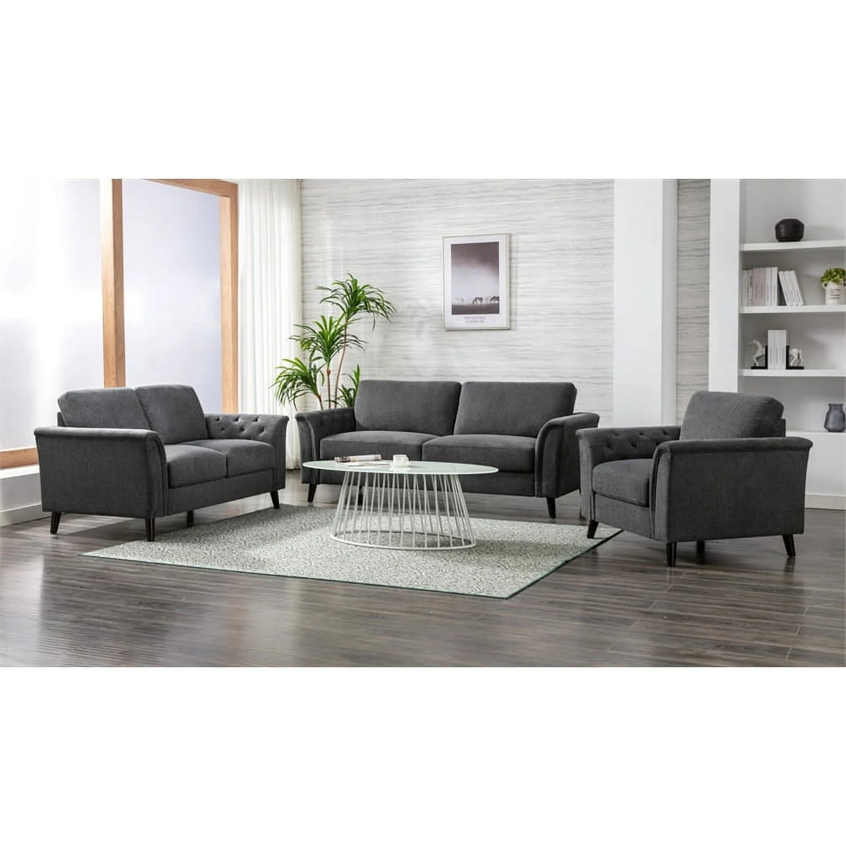 3-Piece Linen Fabric Sofa Set with Tufted Arms in Dark Gray V86396