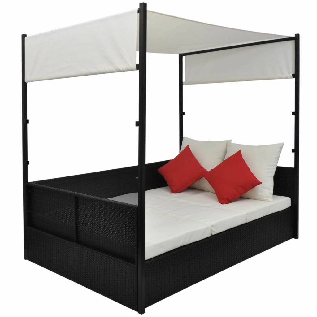Black Poly Rattan 2-Person Sun Lounger with Canopy and Tea Table I28500