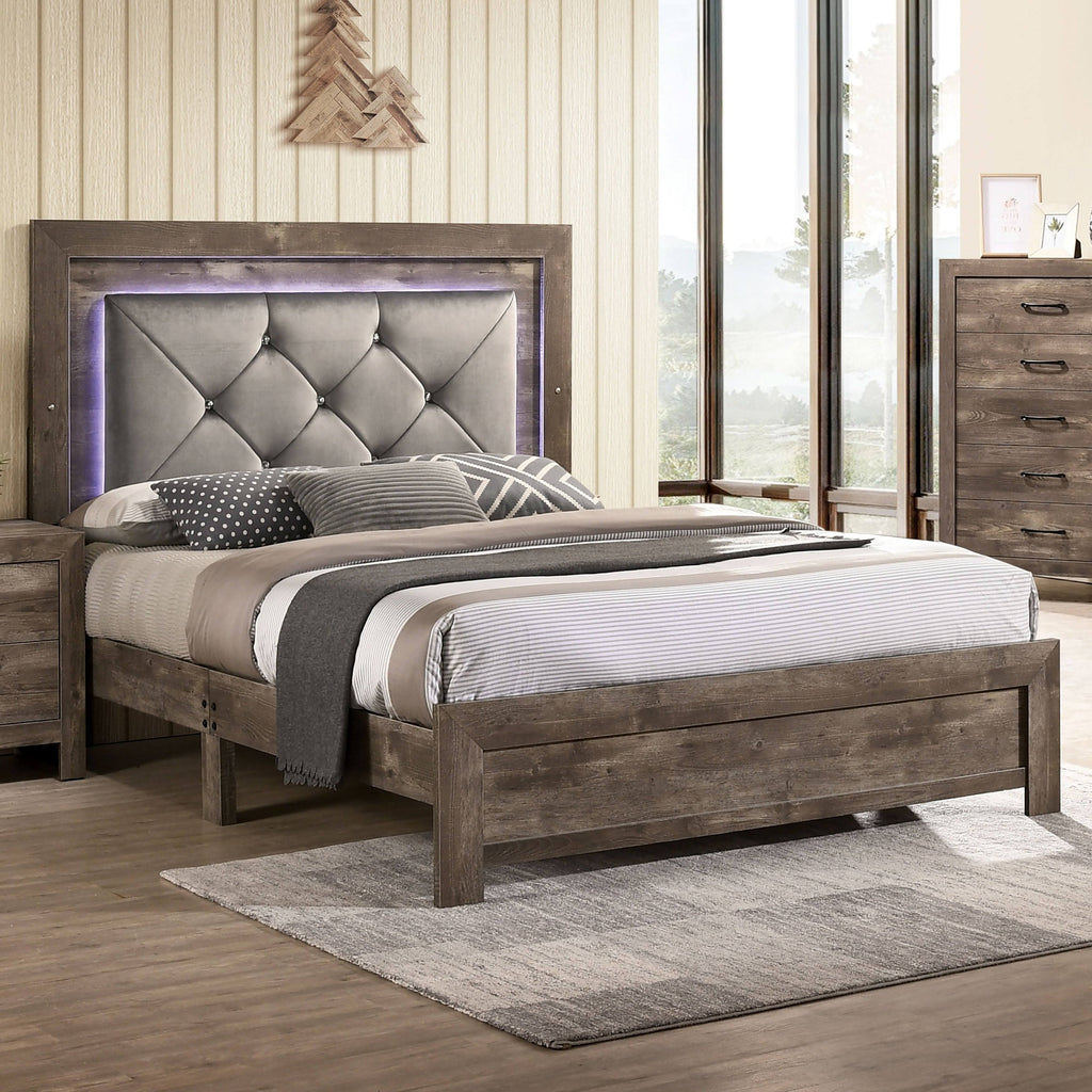 Rustic Natural Tone Tufted Panel Bed Queen V1003