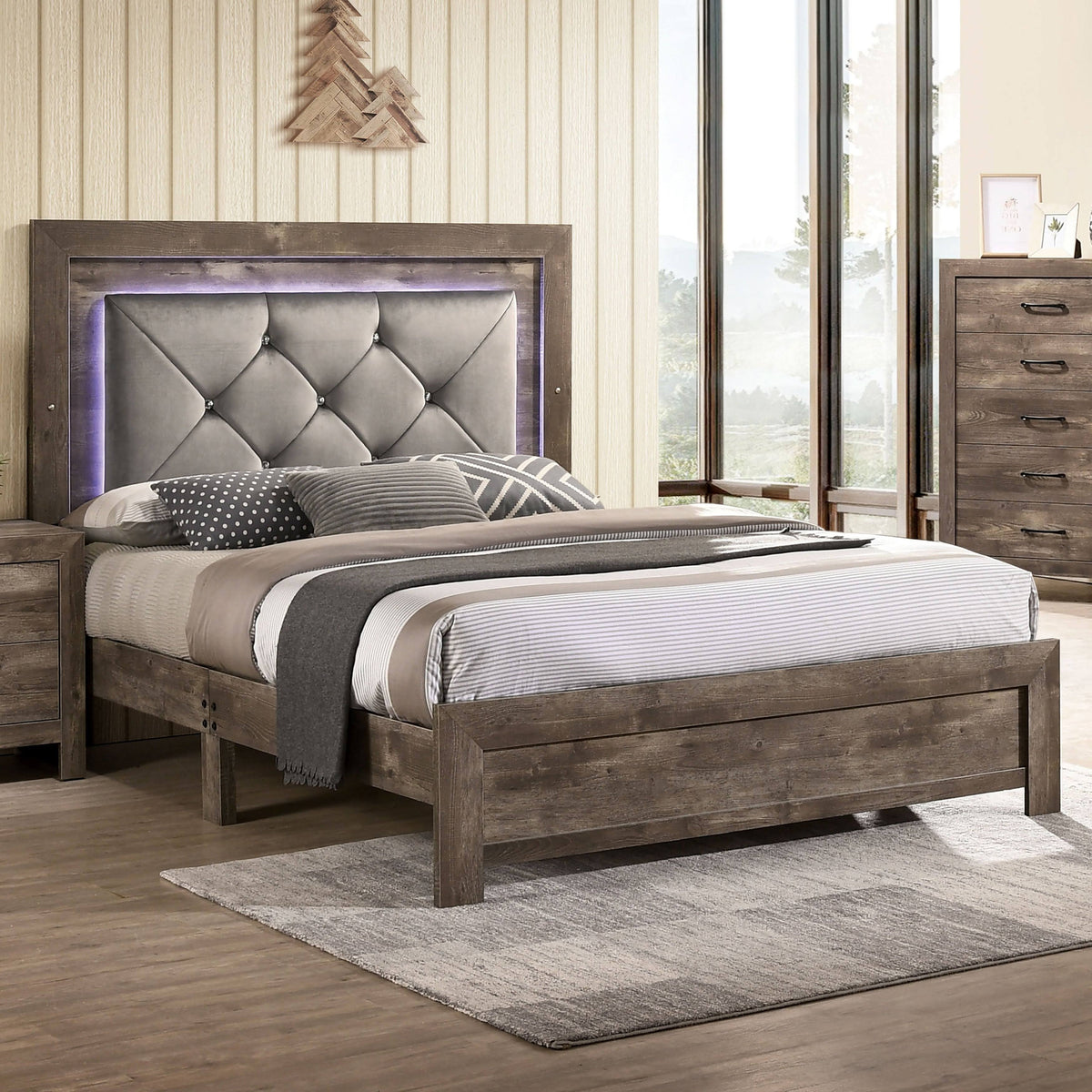 Rustic Natural Tone Tufted Panel Bed Queen V1003