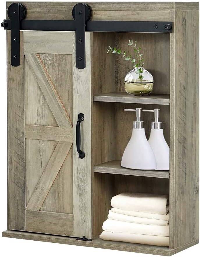 Wood Wall Storage Cabinet with Sliding Barn Door, 3-Tier Organizer Bathroom Cabinet with Adjustable Shelf Freestanding Furniture Z69094