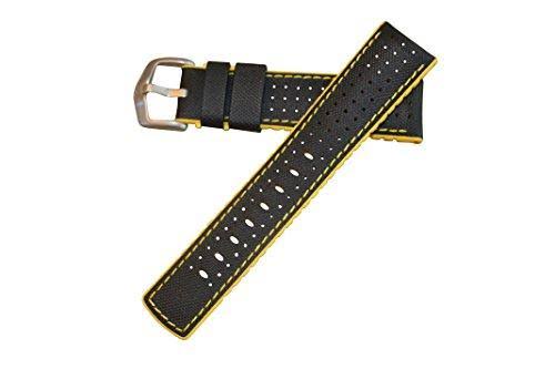 Black Yellow 24mm Leather and Rubber Watch Band V935