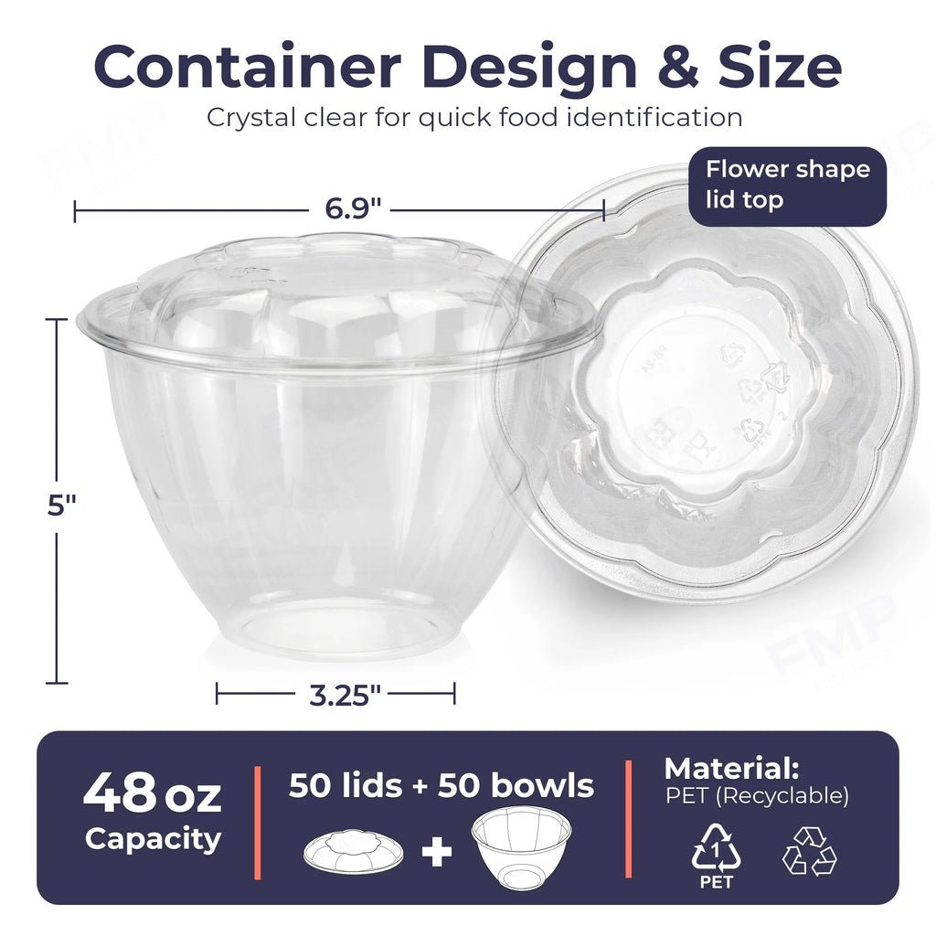 50 Pack 48 oz Clear Plastic Salad Bowls with Airtight Lids D359728
