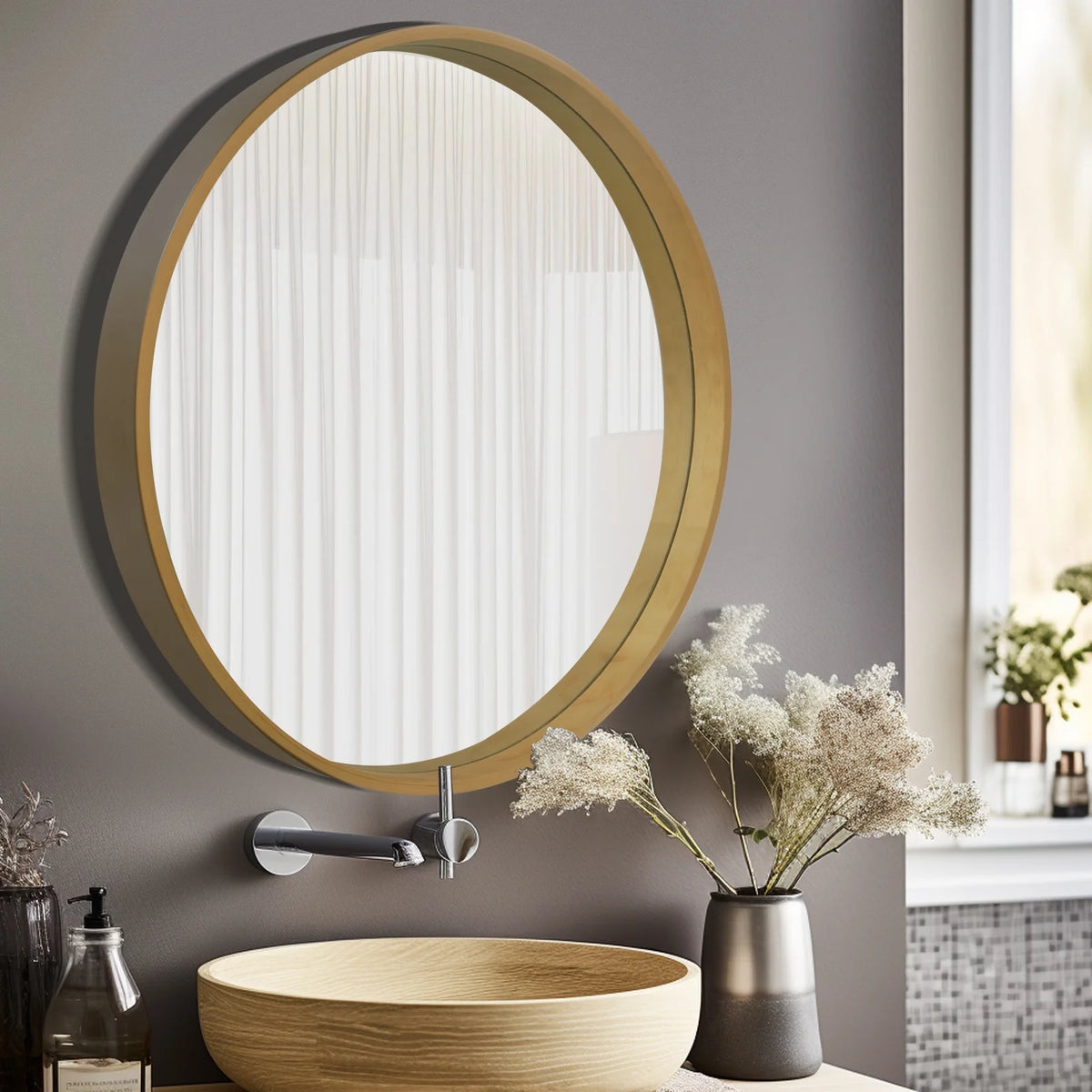 Round Wood Frame Wall Mounted Mirror 24" Y4116
