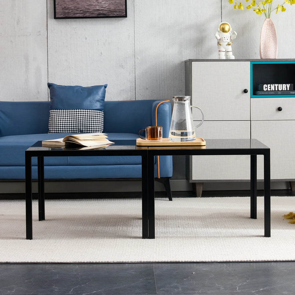 Coffee Table Set of 2 Black Tempered Glass Y40130