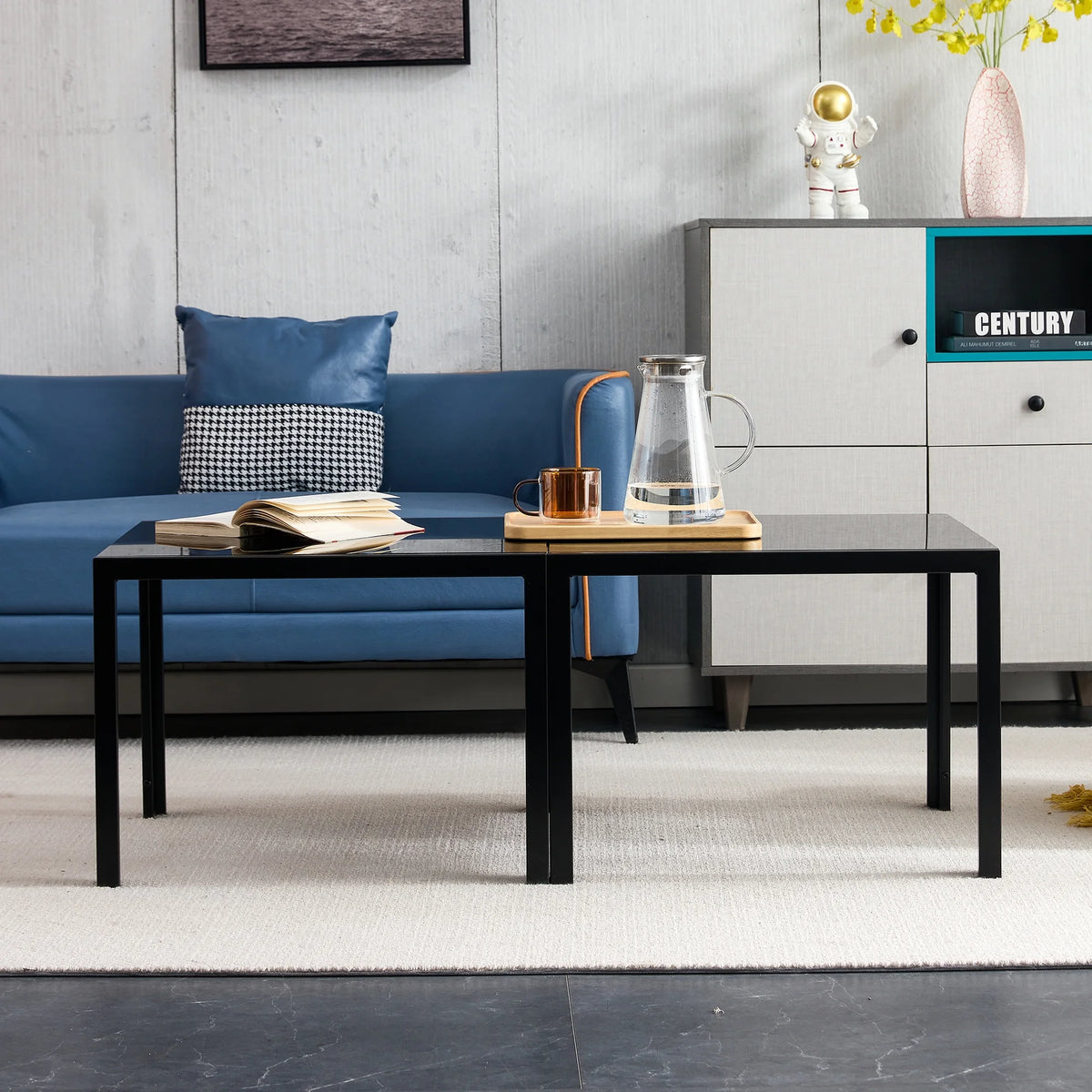 Coffee Table Set of 2 Black Tempered Glass Y40130