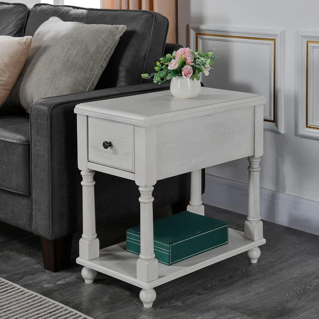Narrow 2 Tier Solid Wood End Table with Drawer M788748