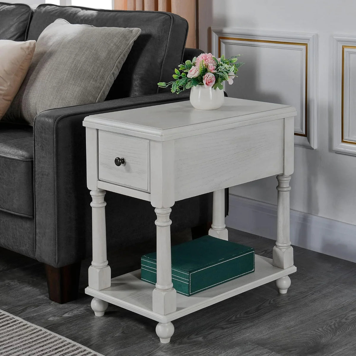 Narrow 2 Tier Solid Wood End Table with Drawer M788748