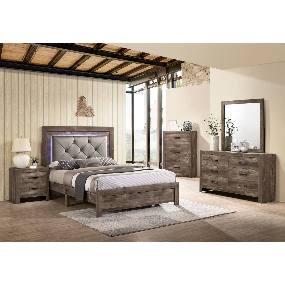 Rustic Natural Tone Tufted Panel Bed Queen V1003