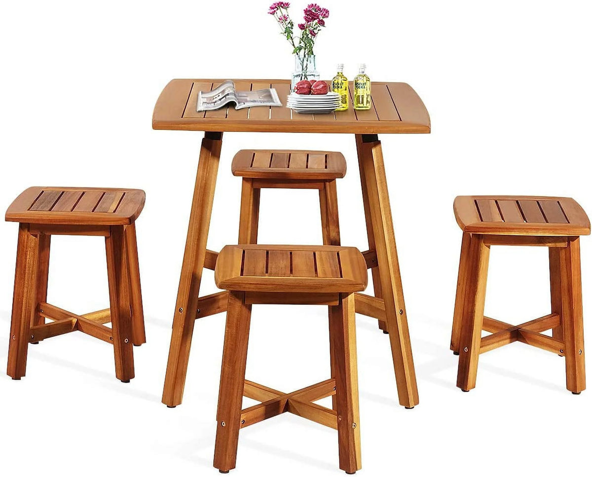 5 Piece Acacia Wood Patio Dining Furniture Set with 4 Stools U808