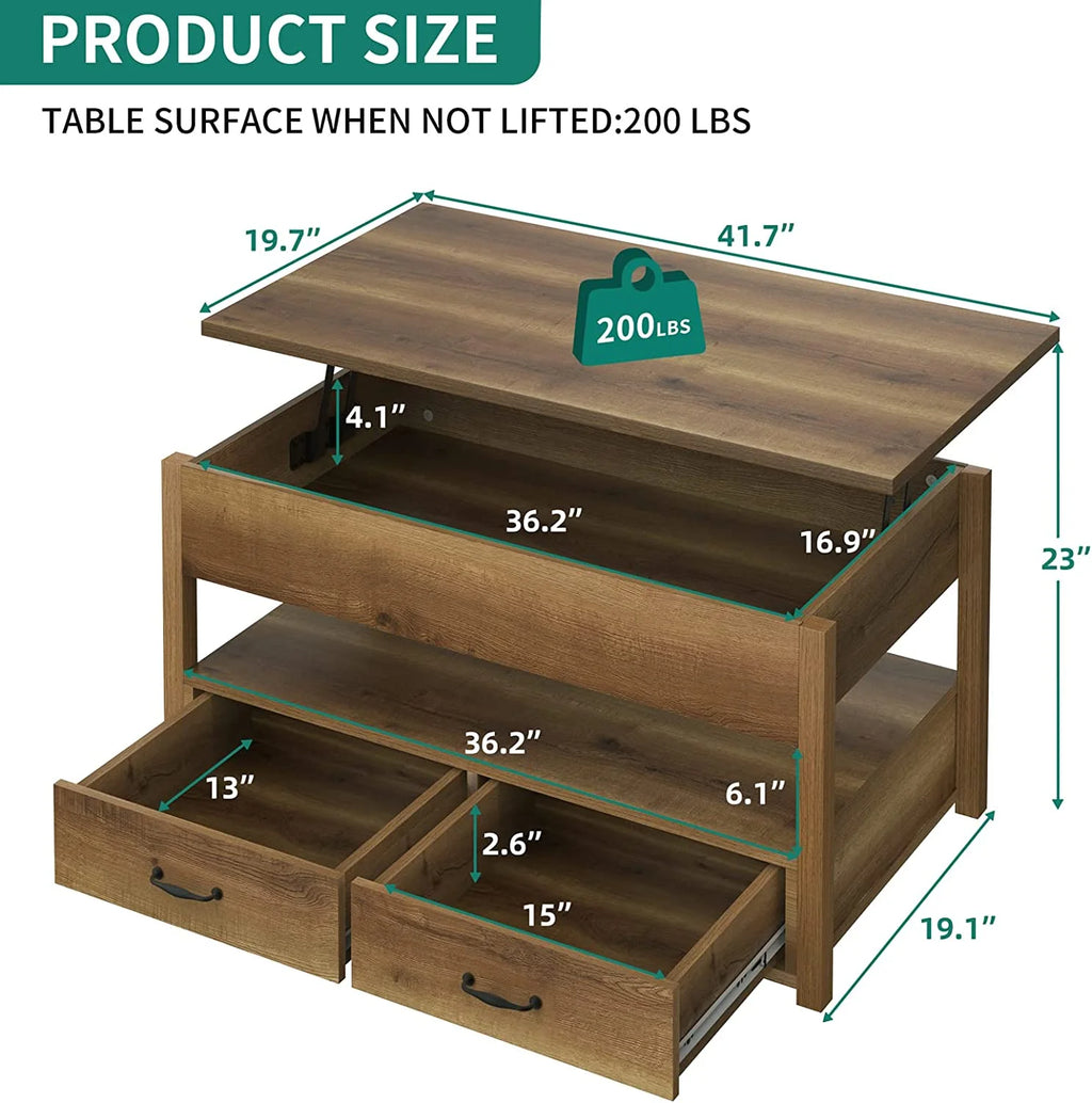 Rustic Brown Wood Lift Top Coffee Table with 2 Storage Drawers Q7825