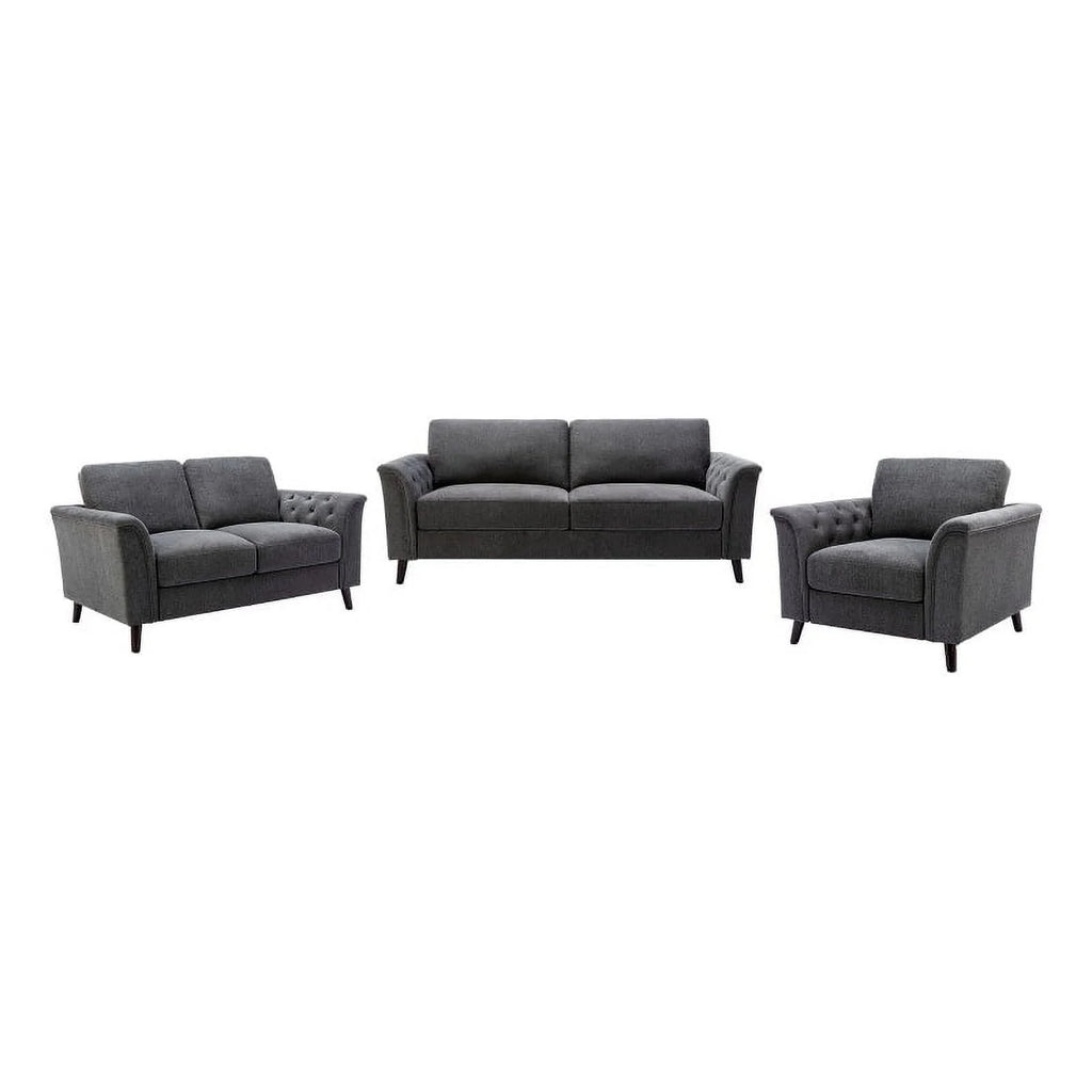 3-Piece Linen Fabric Sofa Set with Tufted Arms in Dark Gray V86396