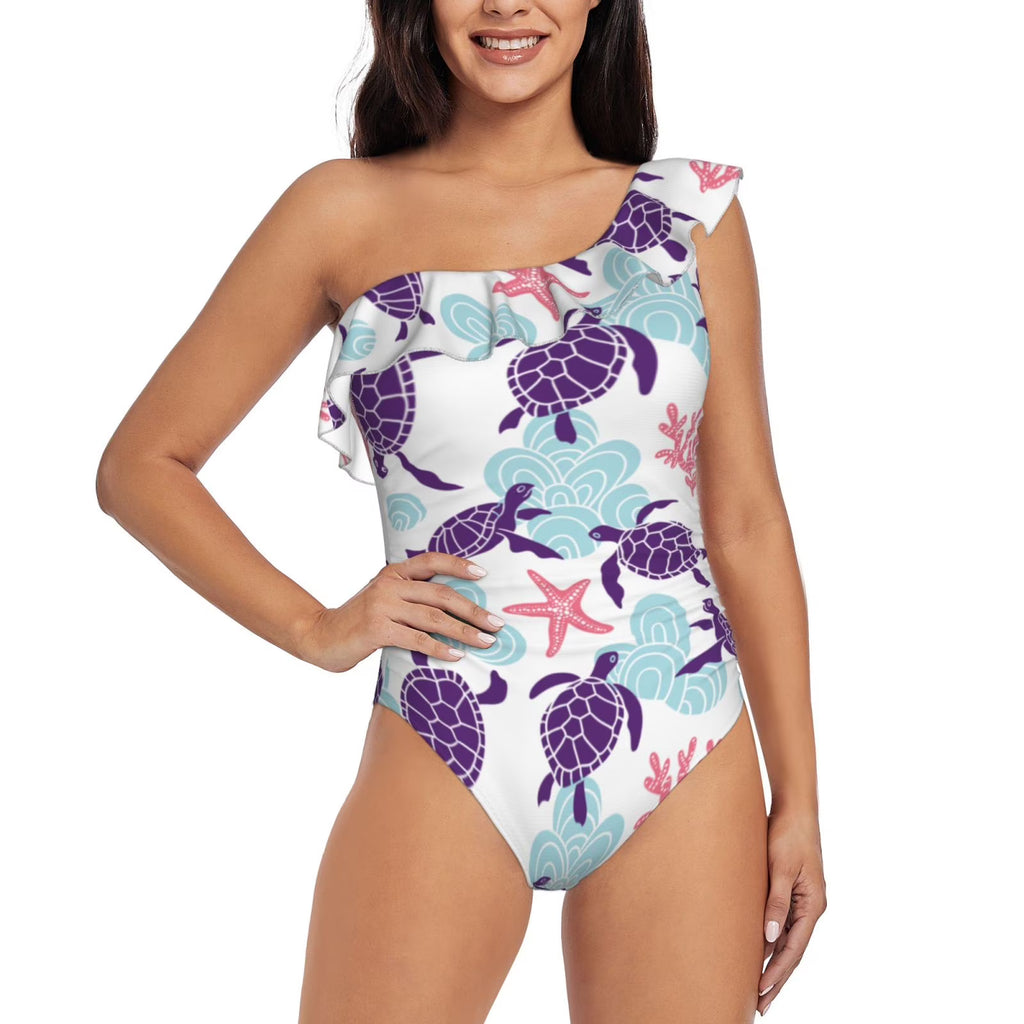 One Shoulder Ruffle Monokini Bathing Suits with Removable Chest Pad U820274