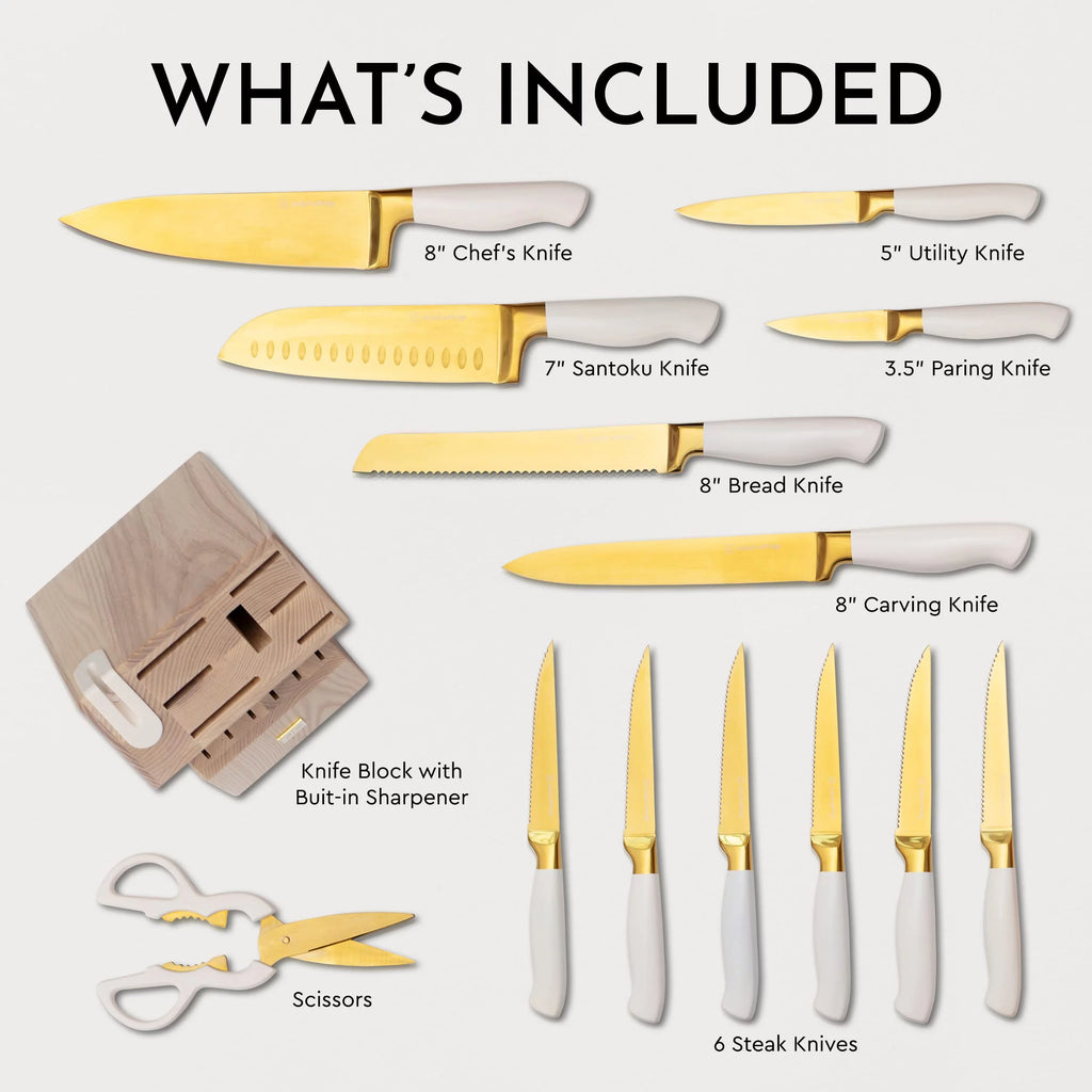 White and Gold 14 Piece Titanium Coated Knife Set with Block R69228