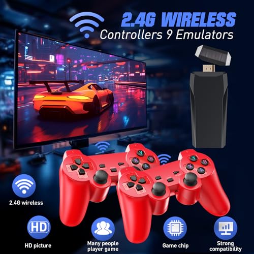 Wireless Retro Game Console with 25000+ Built-in Games, 4K HDMI Output, 2.4GHz Wireless Controller (Red) S322