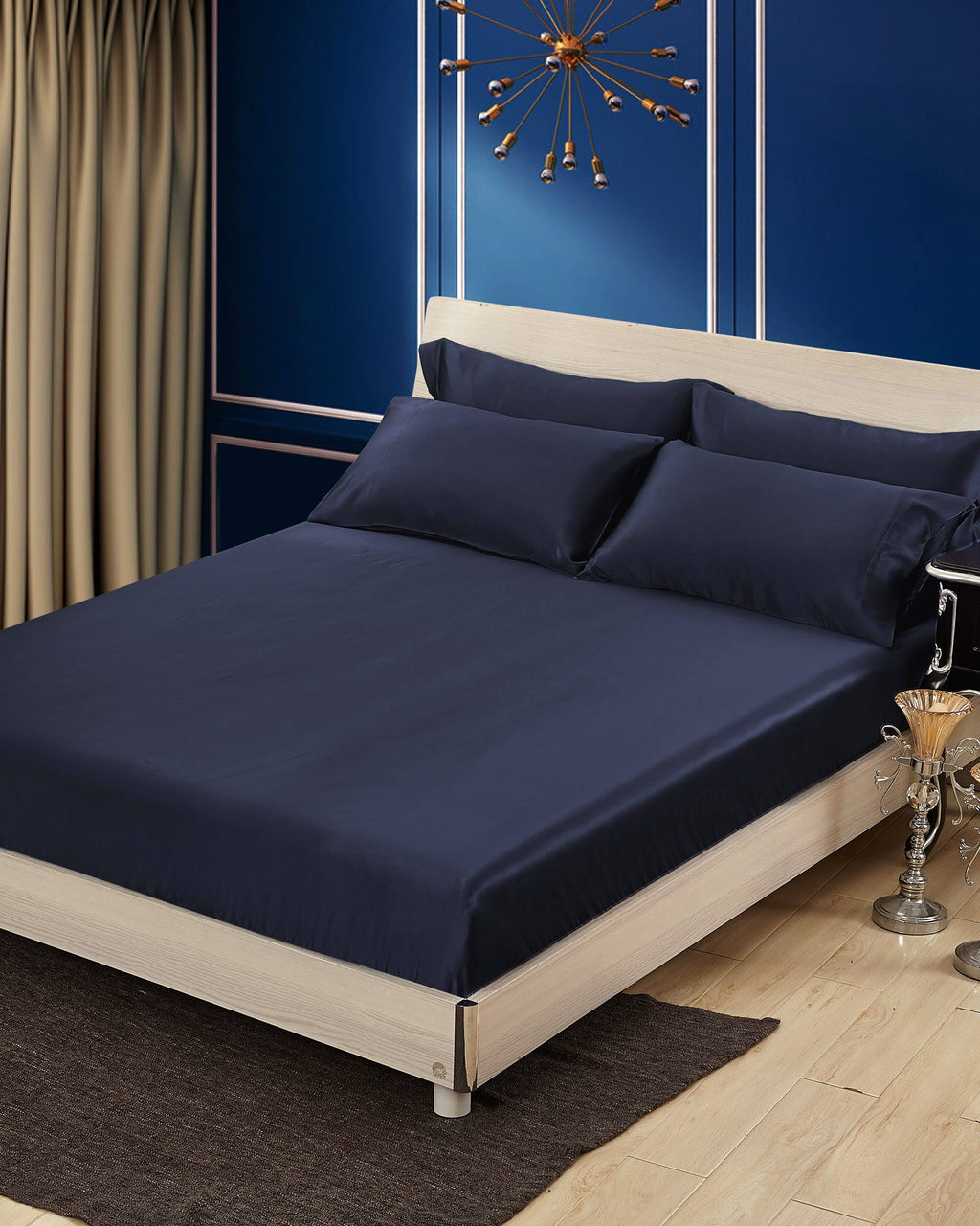 Navy Blue 100% 19 Momme Silk Fitted Sheets King Q877