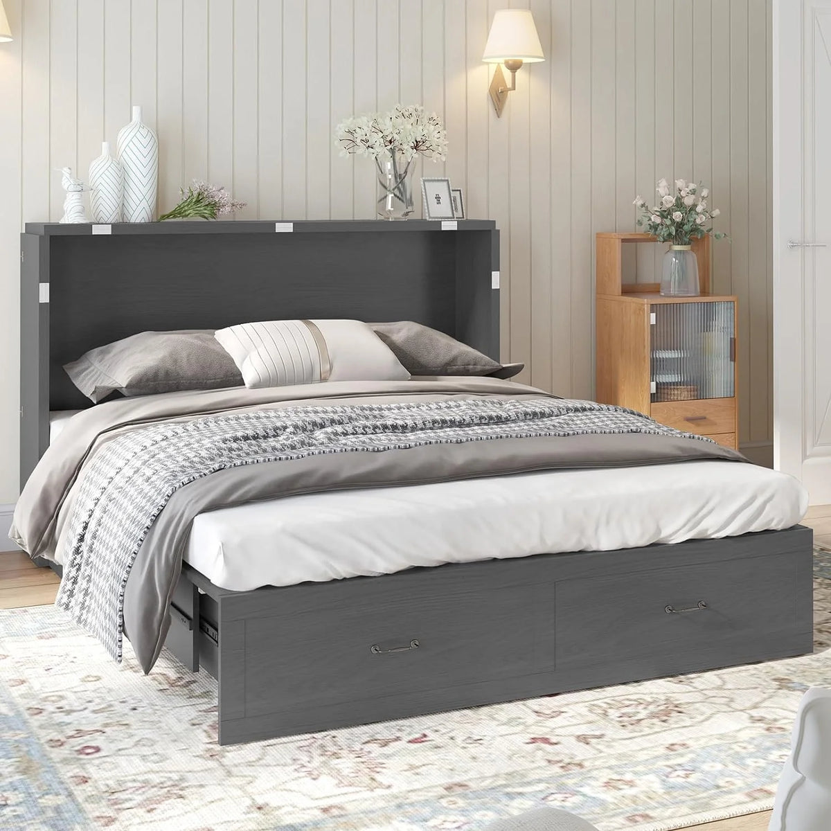Gray Queen Murphy Bed Cabinet with Storage Drawers F793